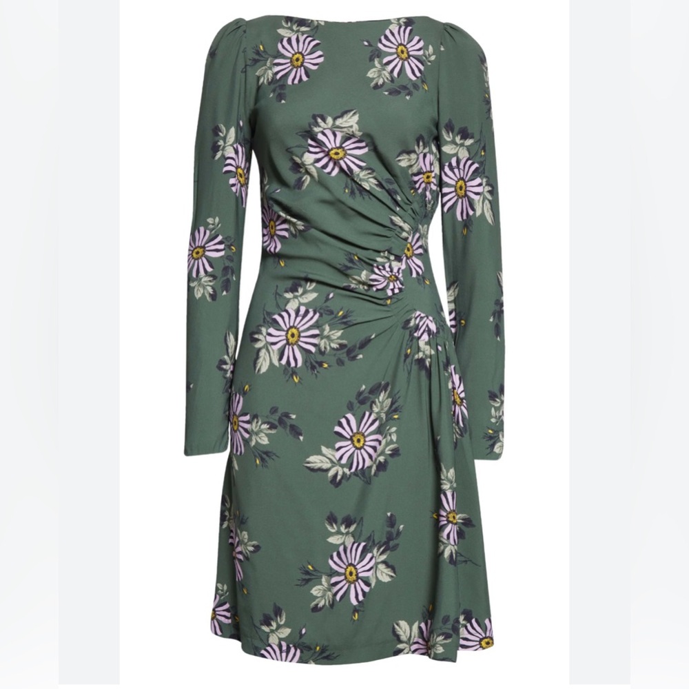 Lela Rose Ruched Bateau Neck Long Sleeve Dress in Sage Size 12